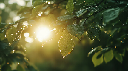 Aufkleber - Beautiful large drop morning dew in nature, selective focus, Drops of clean transparent water on leaves, Sun glare in drop, Image in green tones, Spring summer natural background
