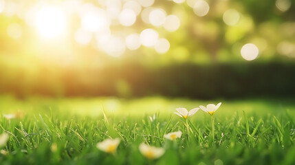 Poster - Blurred green grass meadow nature background, selective focus with bokeh circles