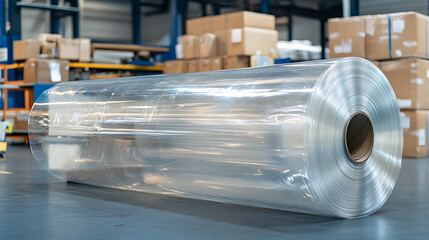 Poster - Industrial polyethylene film roll on production equipment, Production equipment winding a large roll of clear plastic film in a factory