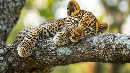 A young leopard cub rests on a tree branch, looking directly at the camera with its bright blue eyes.