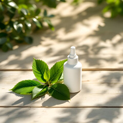 Wall Mural - White cosmetic bottle with green leaf on a wooden platform in a minimalist design