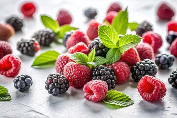 Wall Mural - A Minimalist Delight: Vibrant Raspberries and Blackberries on a Simple White Background, Showcasing Their Natural Beauty in a Stunning Berry Extravaganza