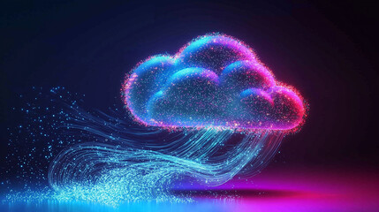 Poster - A stylized glowing cloud symbol, representing data, streams downward, illustrating cloud computing, data transfer, storage, and processing in a digital network