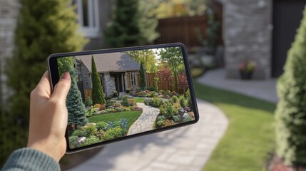Aufkleber - A person examines a vibrant landscaping plan on a tablet, showcasing a beautifully arranged garden with pathways and greenery.