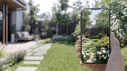 Poster - A person uses a smartphone to showcase a beautifully landscaped backyard, featuring lush greenery and colorful flowers.