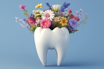 tooth-shaped vase with colorful flowers