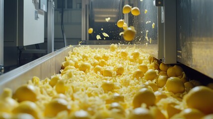 Aufkleber - Lemons are rolling down a conveyor belt in a juice production facility. The lemons are freshly harvested, ready to be processed into juice. Bright yellow color adds vibrancy to the setting.