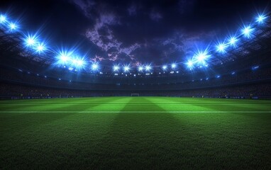 Wall Mural - Football Stadium Nighttime Scene with Floodlights Illuminating Green Grass Field and Empty Stands