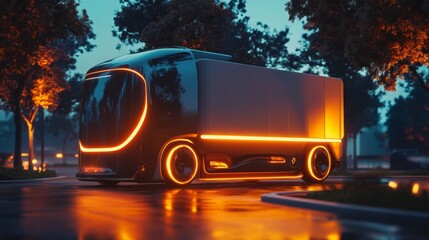Aufkleber - A sleek electric truck showcases vibrant lighting as it navigates a city street during dusk. The illuminated design enhances its futuristic look, surrounded by trees and soft street lighting.