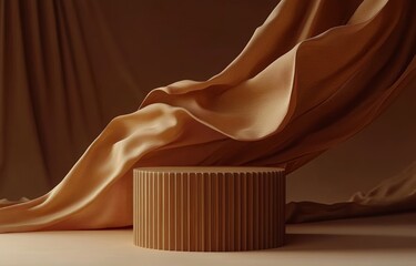 Aufkleber - Luxury Brown Background with Elegant Flowing Fabric on Wooden Pedestal for Cosmetic Display Minimalist Design