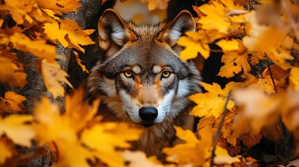 Wall Mural - A wolf with piercing eyes stares intensely at the camera from behind a bush of orange leaves.