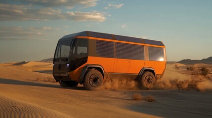 Poster - An innovative electric transport vehicle moves through a vast desert, showcasing its solar panels.