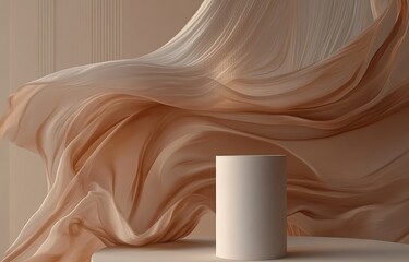 Poster - Luxury Abstract Background with Beige Silk Fabric and Brown Podium for Cosmetic Product Display Mockup