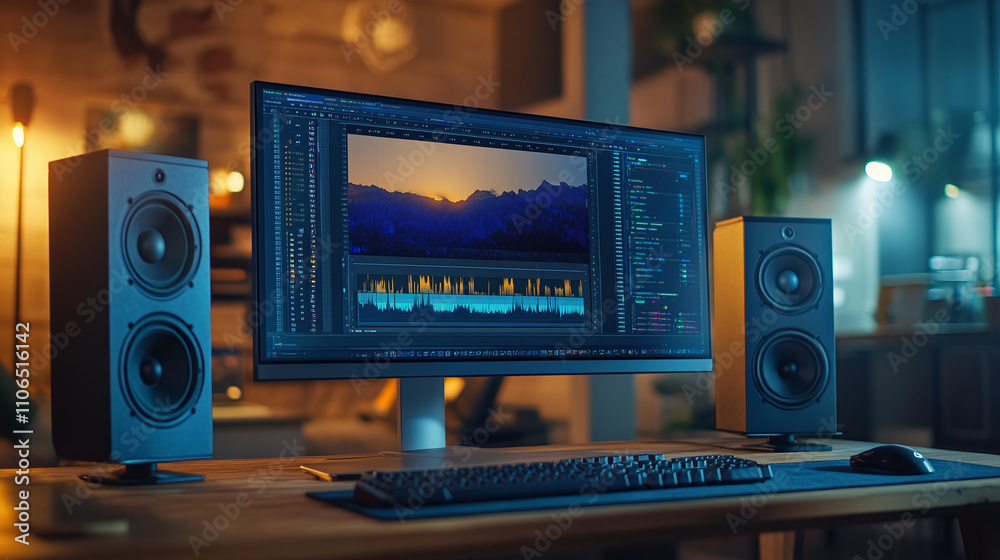 Video editing software or program opened on a wide pc computer monitor ...