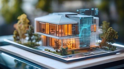 Aufkleber - A modern architectural model displays a sleek residential building with vibrant lighting.
