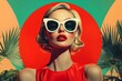 © video - Vintage-inspired Blonde Woman in Cat-eye Sunglasses with Palm Trees