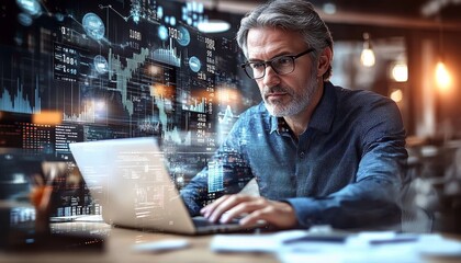 Aufkleber - Data Analyst Working on Laptop Analyzing Business Data with Technology Financial Charts