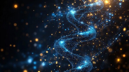 Poster - Dynamic Abstract Illustration of a Twisting Sparkling Blue DNA Helix Surrounded by Bright Stars and Glowing Particles in a Dark Space Environment