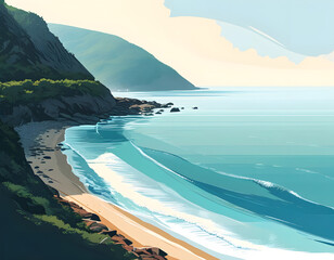 Wall Mural - Coastal Landscape with Blue Ocean and White Waves