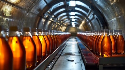 Aufkleber - Bottles filled with freshly made juice line a production conveyor in an advanced manufacturing facility. Bright lights illuminate the space, highlighting the vibrant color of the juice.