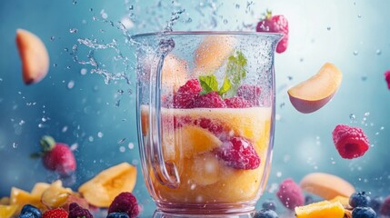 Aufkleber - A blender filled with a colorful mix of fresh fruits creates lively splashes as juice is being made.