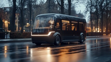 Poster - An electric transport vehicle glides silently along a wet city street illuminated by streetlights as rain falls. The modern design stands out against the backdrop of trees and buildings.