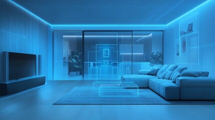 Poster - A modern living room featuring soft blue lighting and a sleek sofa creating a calming atmosphere. AI graphics are displayed, enhancing the futuristic ambiance and illustrating real estate innovation.