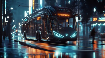 Poster - A sleek electric bus travels through a bustling city at night, illuminated by colorful neon lights. Reflections glimmer on the wet pavement, showcasing modern urban transport in action.