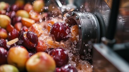 Aufkleber - Juicy apples and grapes are being processed in a machine, creating splashes of liquid. The vibrant colors of the fruits highlight a lively atmosphere in a busy kitchen.