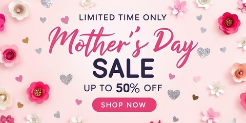 Wall Mural - Mother's day sale vector illustration. Banner design with beautiful paper flowers and hearts.