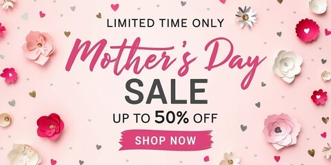 Wall Mural - Mother's day sale vector illustration. Banner design with beautiful paper flowers and hearts.