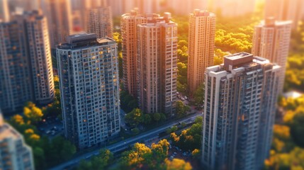 Poster - Aerial view of high-rise residential buildings surrounded by lush green trees during sunset. The warm glow of the evening light enhances the architectural features of the structures.