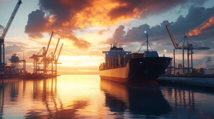Aufkleber - A large cargo ship is anchored at a busy port as the sun sets, casting vibrant colors across the sky. Cranes stand tall along the dock, silhouetted against the colorful horizon and shimmering water.