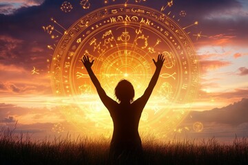 silhouette of person with zodiac wheel at sunset in grassy field