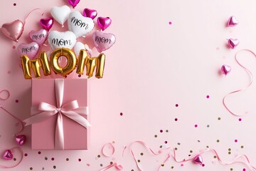 Wall Mural - Happy mothers day decoration background with gift box, balloon, mom text, copy space text, 3D rendering illustration