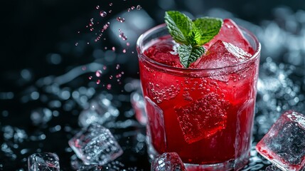 Aufkleber - A colorful drink with ice and mint leaves is being prepared. The bright red liquid contrasts beautifully with the dark background, highlighting the refreshing nature of this delicious concoction.