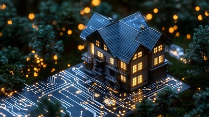 Aufkleber - A miniature house illuminated with lights stands on a circuit board representation in a forest.