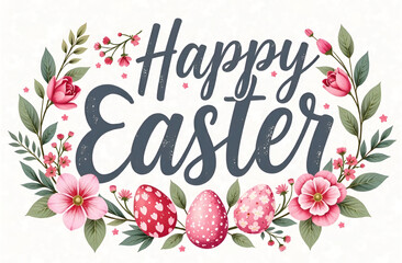 Wall Mural - Happy Easter illustration with beautiful eggs and flowers around on white background. Holiday banner.