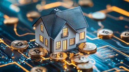 Aufkleber - A small house model is surrounded by bitcoin coins on an abstract digital landscape. This represents the integration of real estate and cryptocurrency investment opportunities in modern finance.