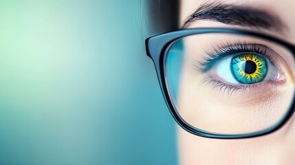 Sticker - A closeup shot of a human eye behind glasses, capturing reflections and a beautifully blurred background.