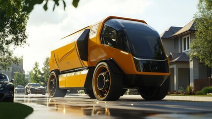 Poster - A futuristic electric transport vehicle travels along a wet road in a suburban area. Its sleek design and bright color catch the eye, reflecting sunlight amidst green trees and houses.
