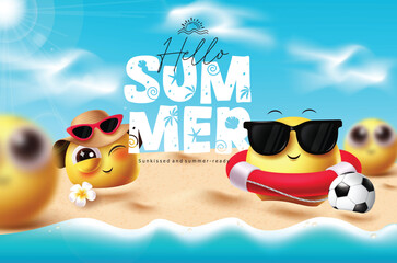 Poster - Emoji hello summer clipart design.  Summer greeting text with emoji characters relax, happy and enjoy in sunny day tropical beach background. Vector illustration summer season emoticon clip art.
