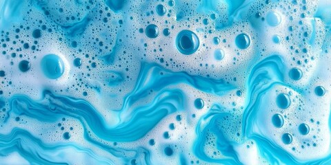 Poster - Abstract Turquoise Paint Splatters on White Surface with Swirling Patterns and Marbling Effects