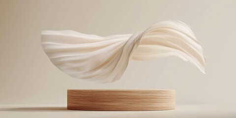 Aufkleber - Minimalist Modern Display Podium with Flowing Beige Fabric on Wooden Surface for Beauty and Cosmetic Products