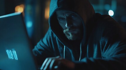 A man in a hoodie is focused on his work at a laptop in a dimly lit room.