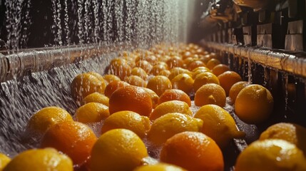 Poster - Fresh lemons and oranges are rolling along a conveyor belt, getting washed thoroughly by cascading water in a processing facility during summer. The bright fruits glisten under natural light.