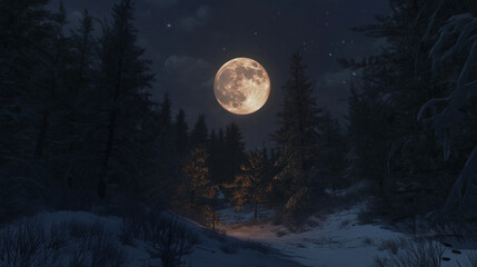 Wall Mural - moon in the night, full moon over the forest, moon in the forest