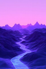 Wall Mural - Abstract river landscape with glowing blue water flowing through dark purple mountains under a pink twilight sky, perfect for surreal art or fantasy themes