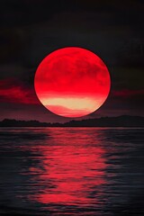 Wall Mural - noir sunset with a massive red sun reflecting over a still dark sea under a stark black sky, exuding