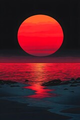 Wall Mural - vibrant red and orange sunset reflected over dark coastal waters with silhouetted rocks against a gr
